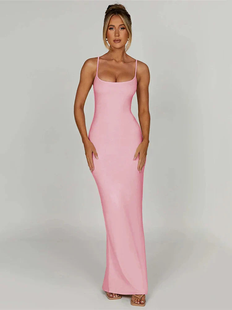 Pink Bodycon Maxi Dress with Thin Straps, Backless