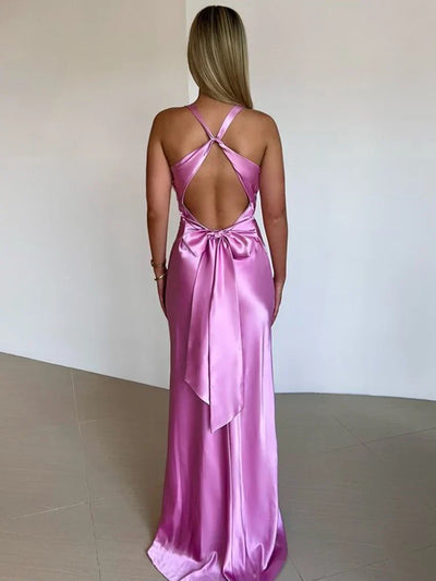 Pink Satin Maxi Dress with Bow and Open Back