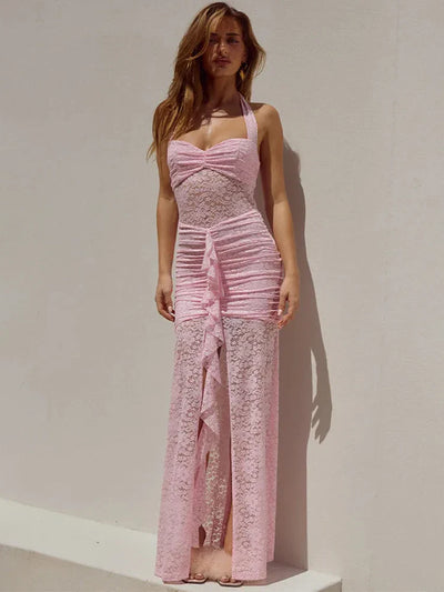 Rosea Lace Ruched Halter Maxi Dress