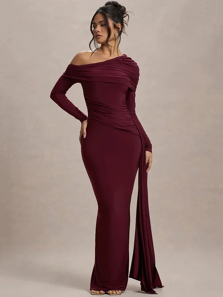 Rosea Skew Collar Draped Maxi Dress