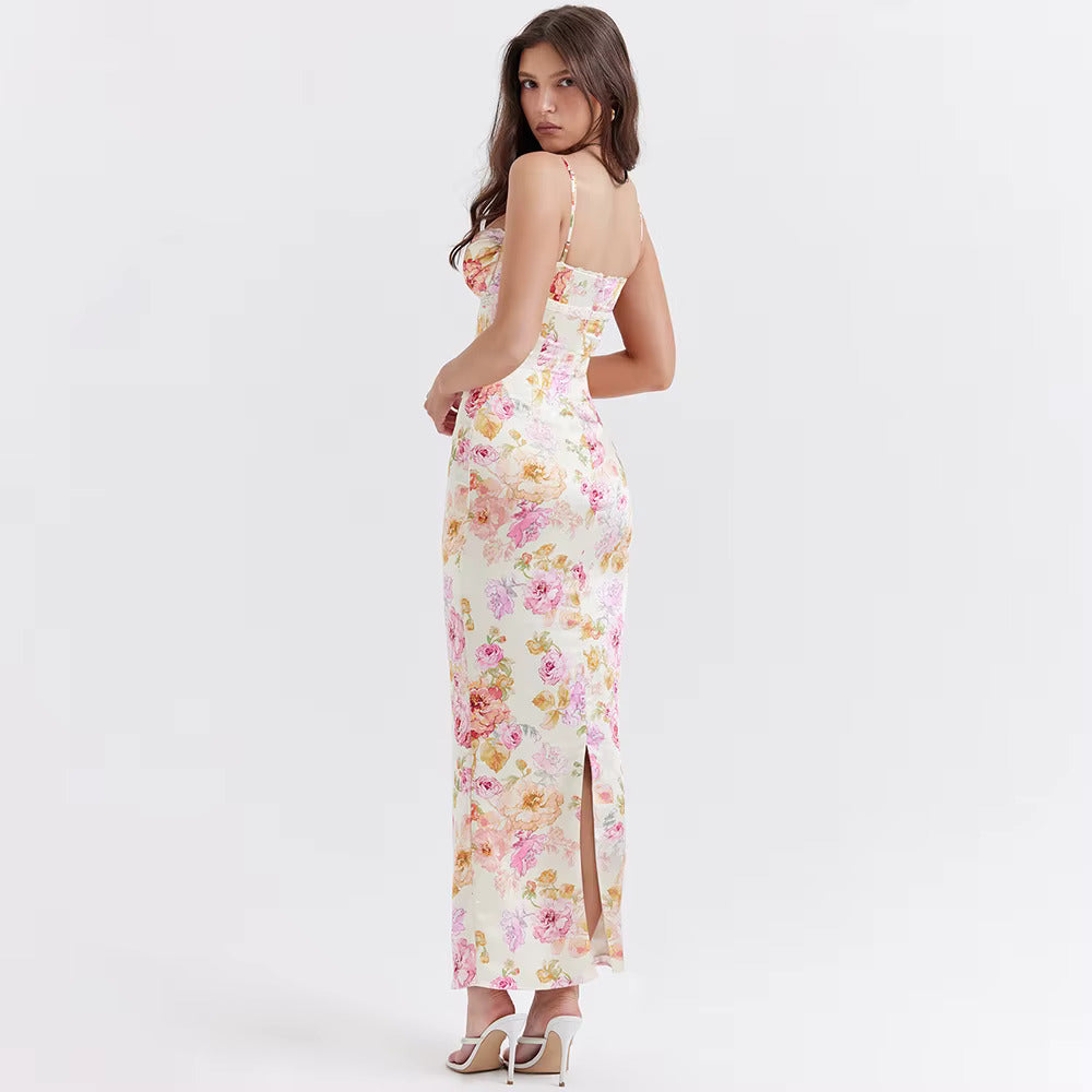 Pink Floral Satin Maxi Dress