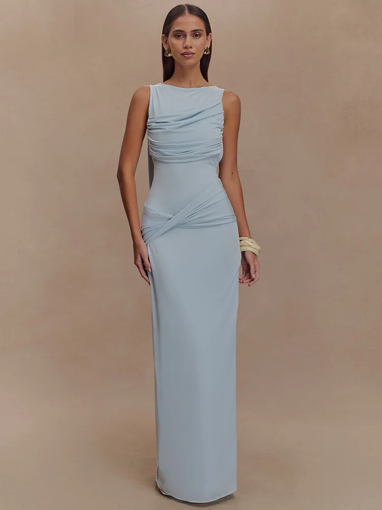 Rosea Backless Maxi Dress with Ruching and High Slit