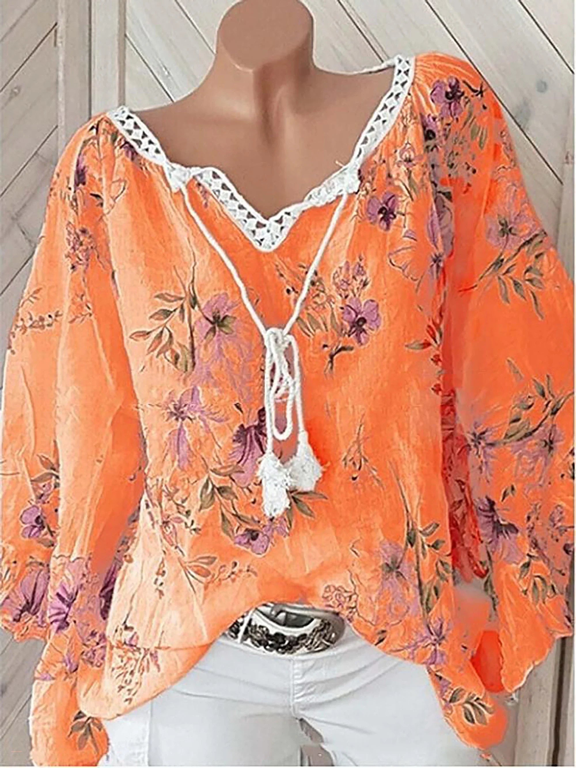 Flower Print Linen Blouse with Lace Closure | Olsen & Olsen™