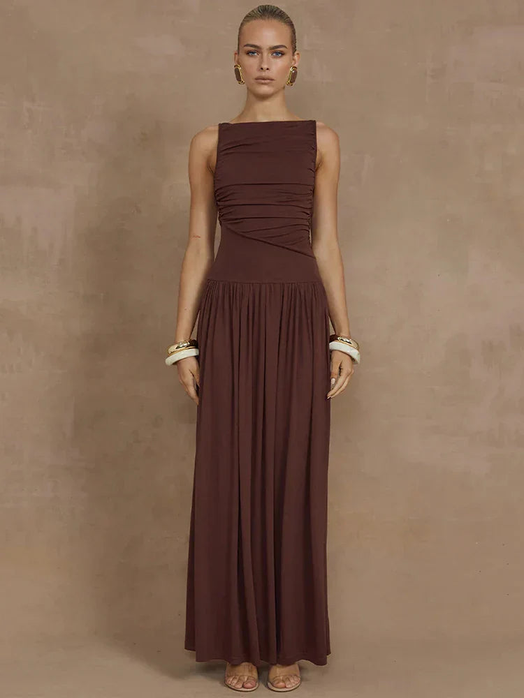 Rosea Ruched Boat Neck Maxi Dress