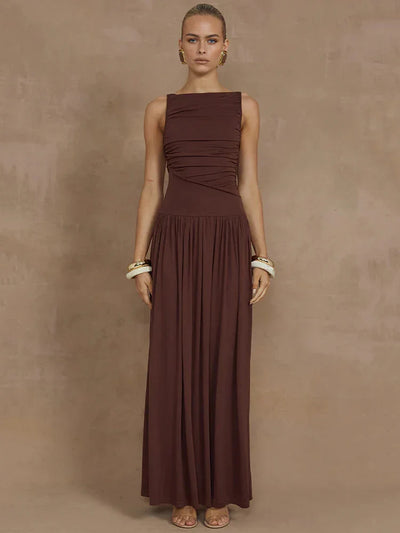 Rosea Ruched Boat Neck Maxi Dress