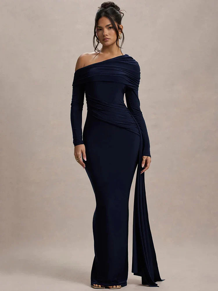 Rosea Skew Collar Draped Maxi Dress