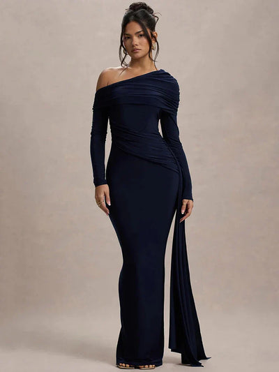 Rosea Skew Collar Draped Maxi Dress
