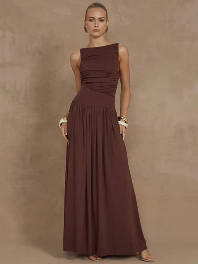 Rosea Ruched Boat Neck Maxi Dress