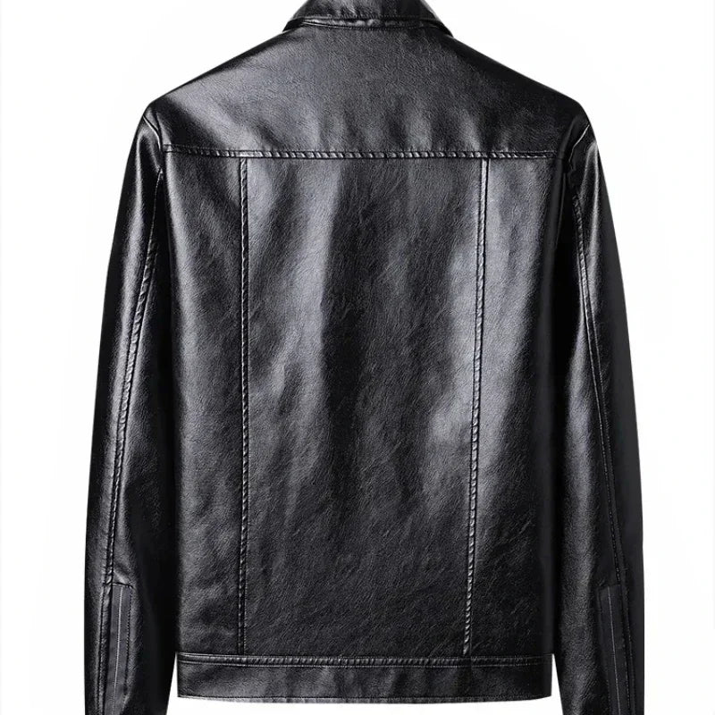 André™ Noir – Black leather jacket with wide collar and defined waist