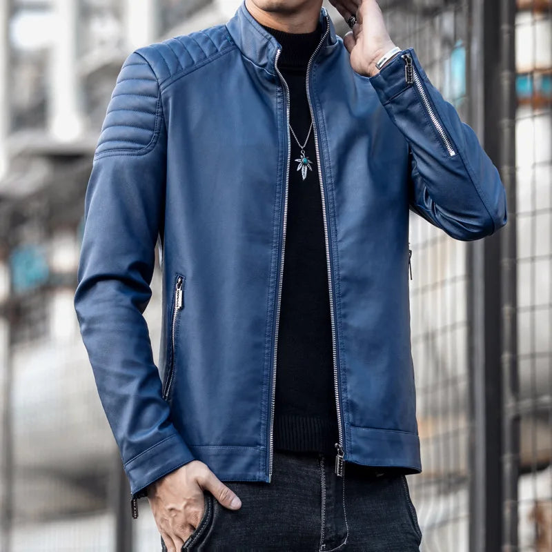 Storm™ Edge – Blue PU Leather Jacket with Modern Shoulder Details