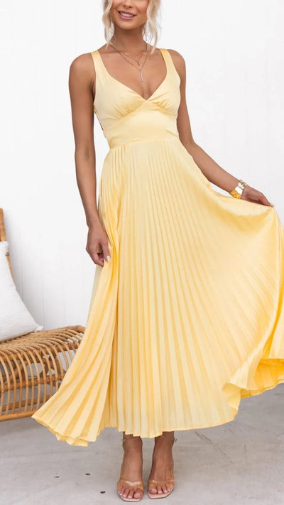 Rosea Pleated Maxi Dress with V-Neck
