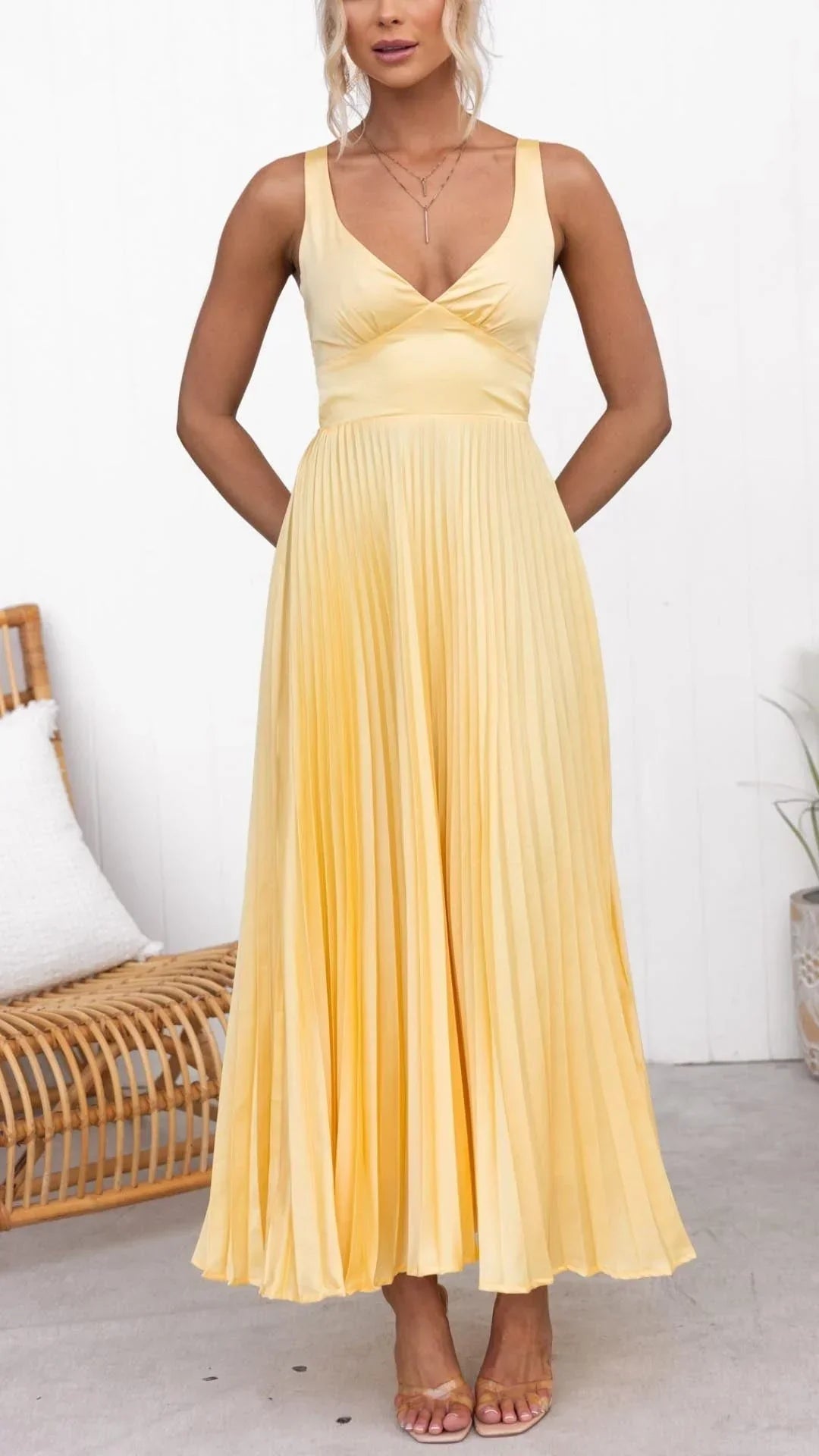 Rosea Pleated Maxi Dress with V-Neck