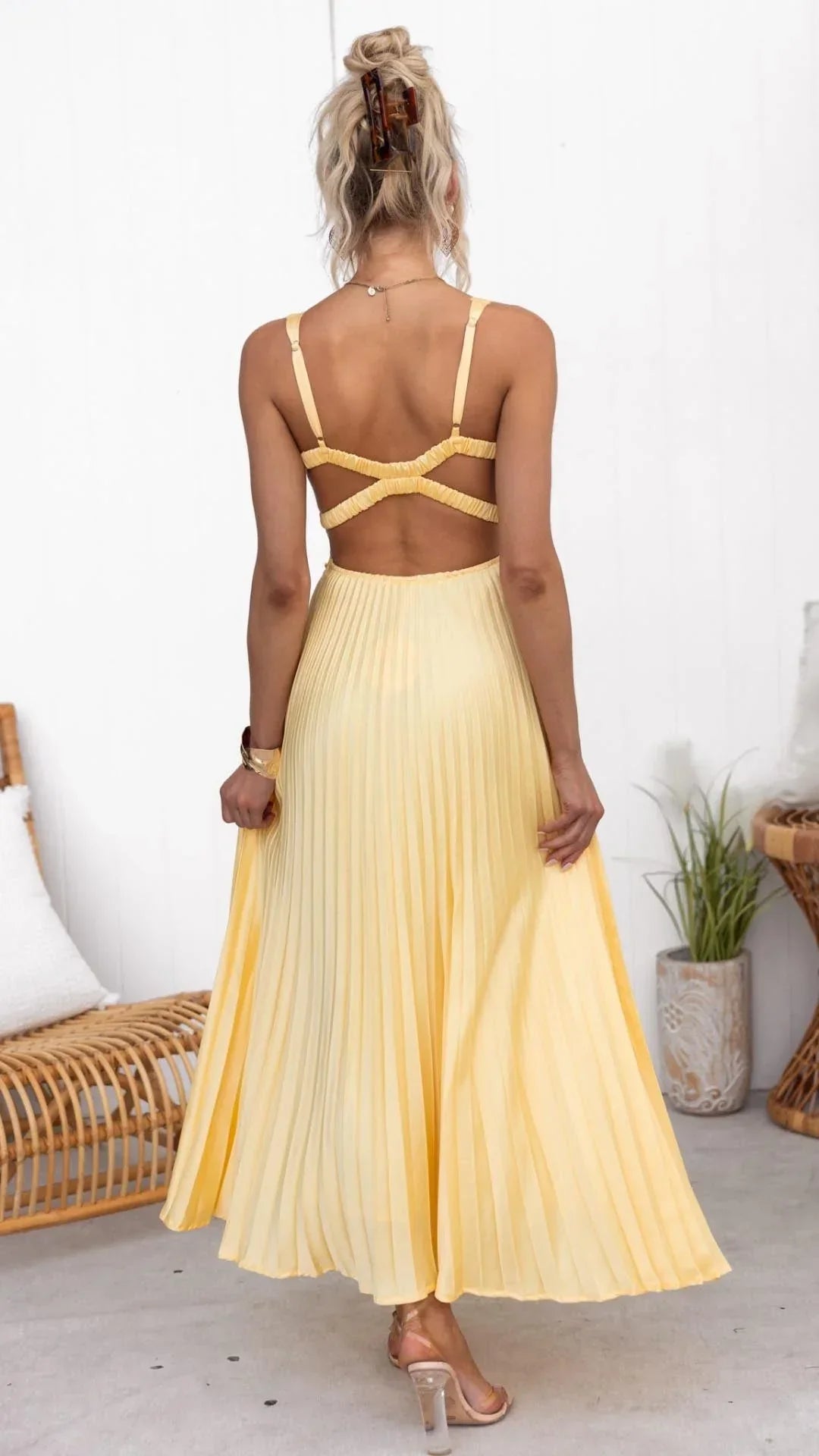 Rosea Pleated Maxi Dress with V-Neck