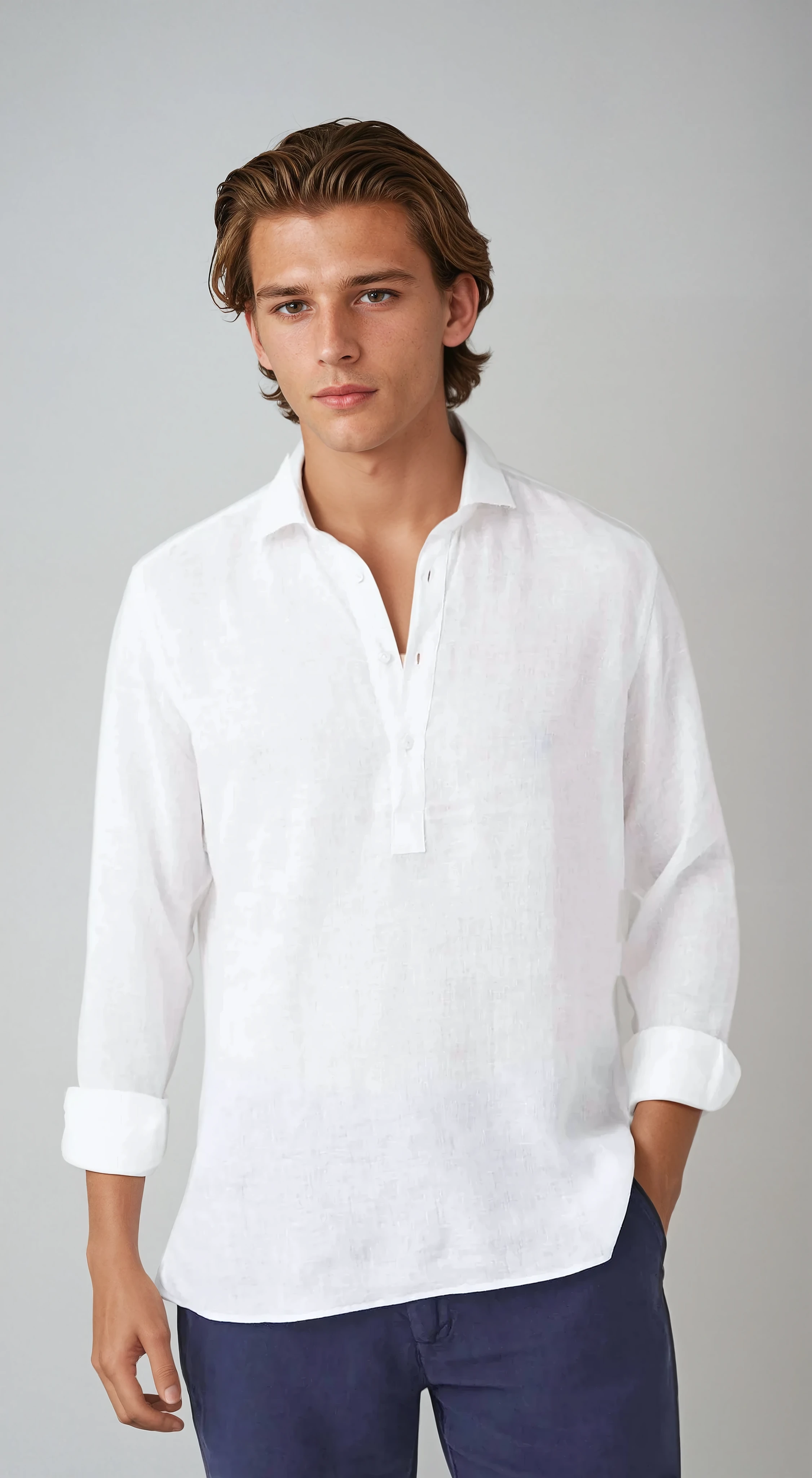 Linen Pop-over Shirt - White - Sophie New York