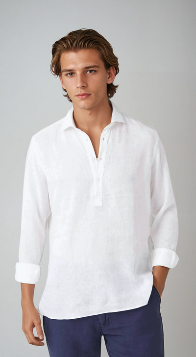 Linen Pop-over Shirt - White - Sophie New York