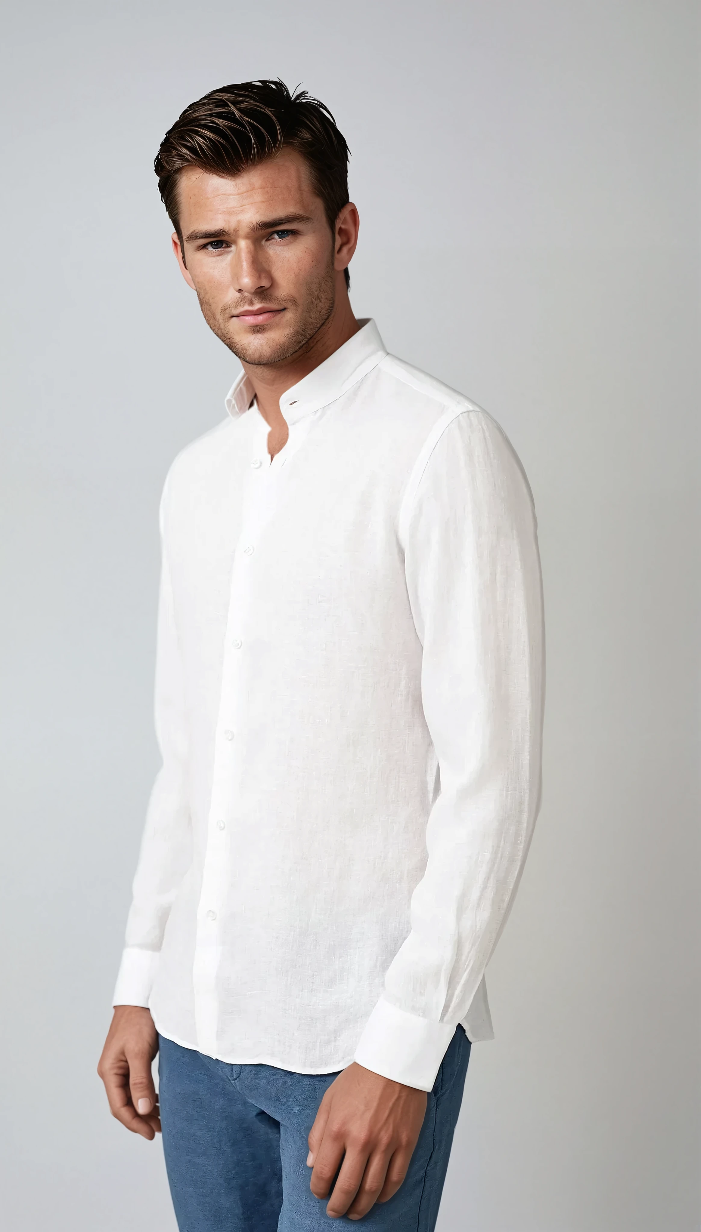 Linen Band Collar Shirt White - Sophie New York