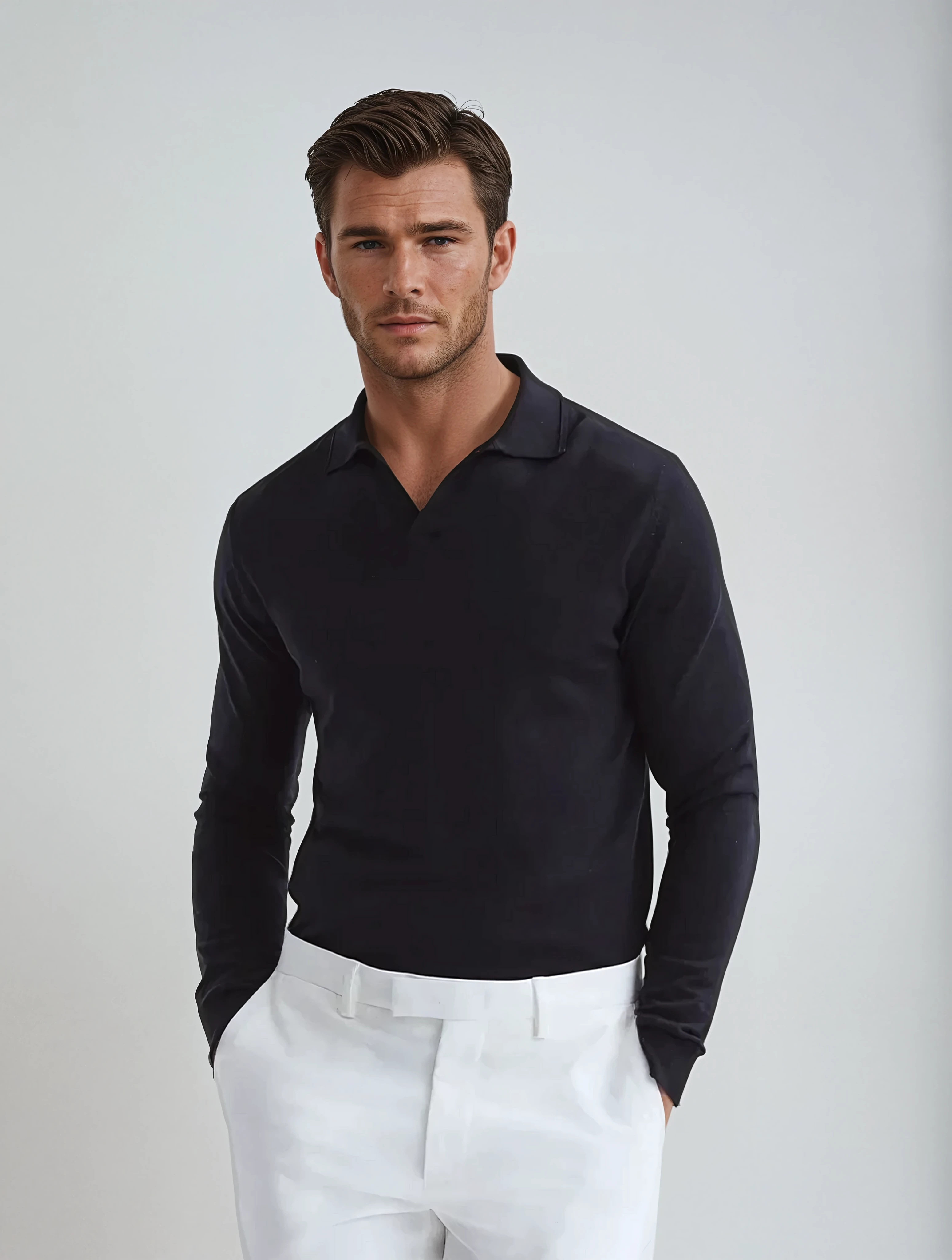 Long Sleeve Polo Without Buttons Black - Sophie New York