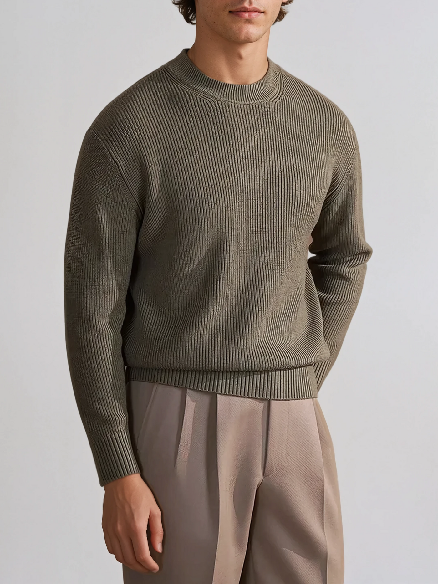Ribbed O-Neck Sweater Olive Green - Sophie New York