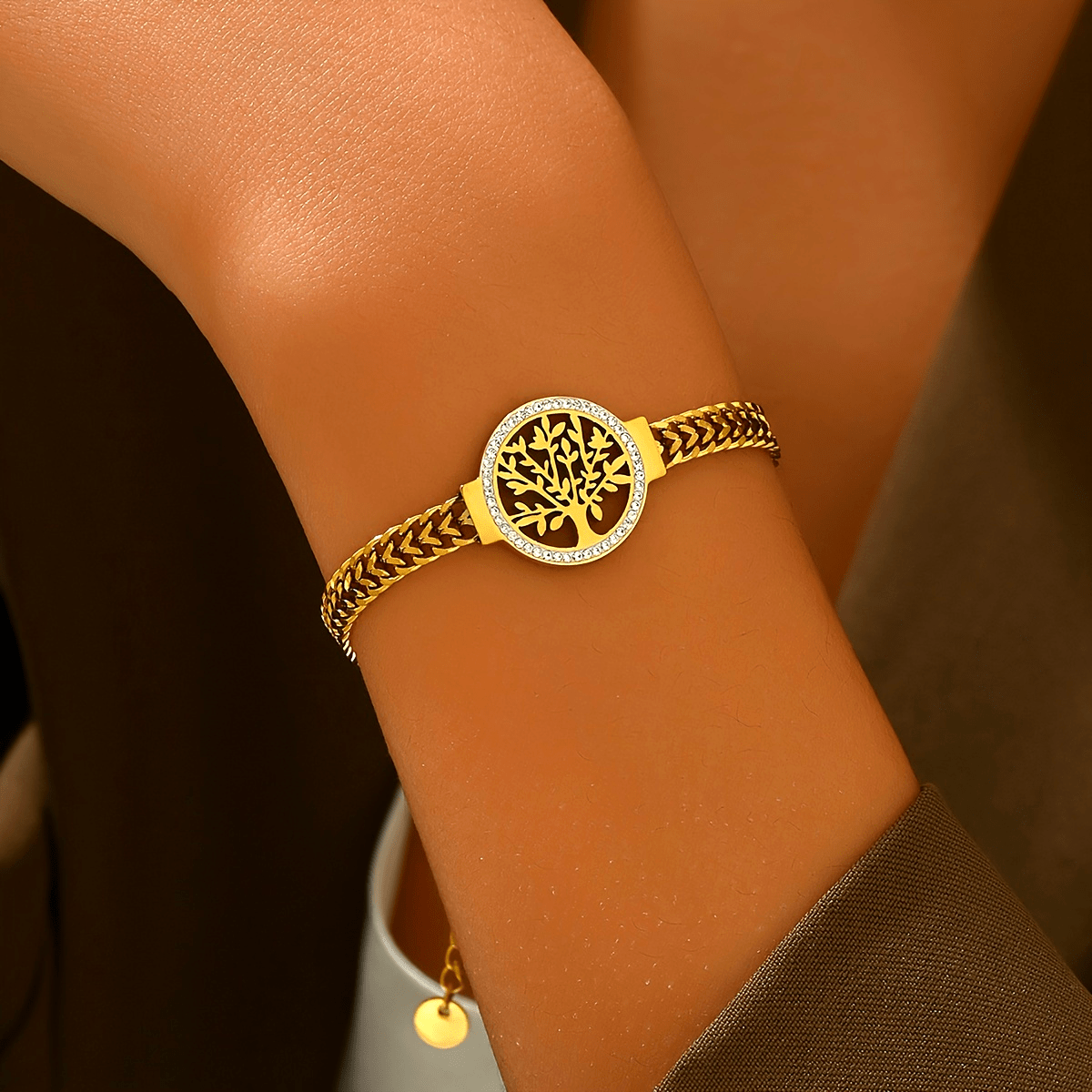 Elegant 14K Gold-Plated Steel Bracelet with Tree of Life