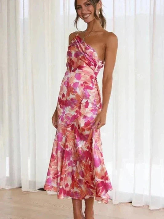 Asymmetrical Midi Dress in Floral Rosea