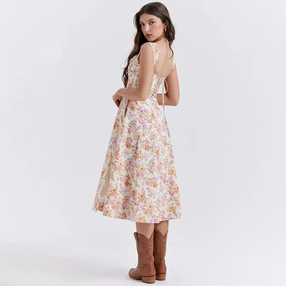 Pink Floral Midi Dress with Corset