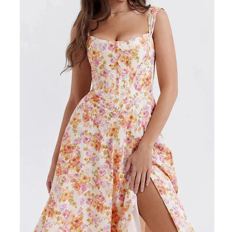 Pink Floral Midi Dress with Corset