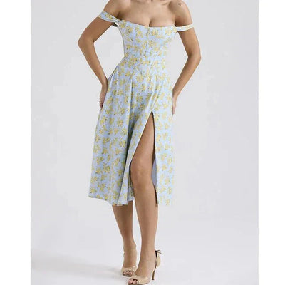 Pink Floral Midi Dress with Corset