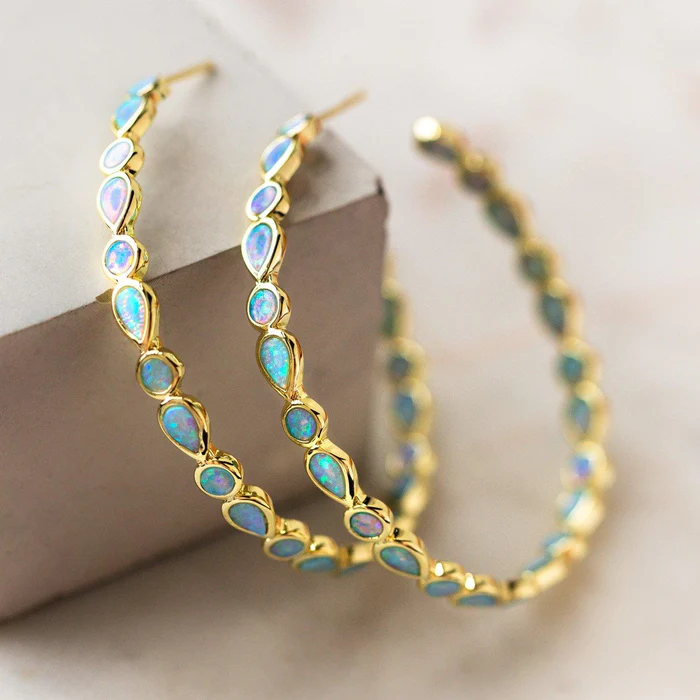Vintage Golden Hoops with Blue Opal