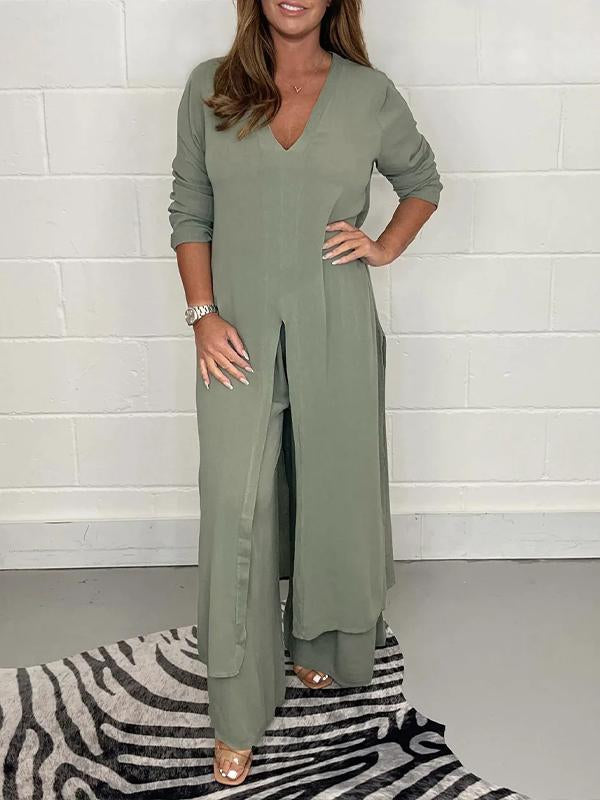 Carla™ | V-Neck Slit Casual Two-Piece Set
