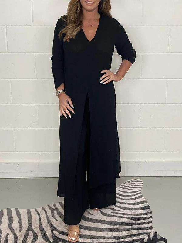 Carla™ | V-Neck Slit Casual Two-Piece Set
