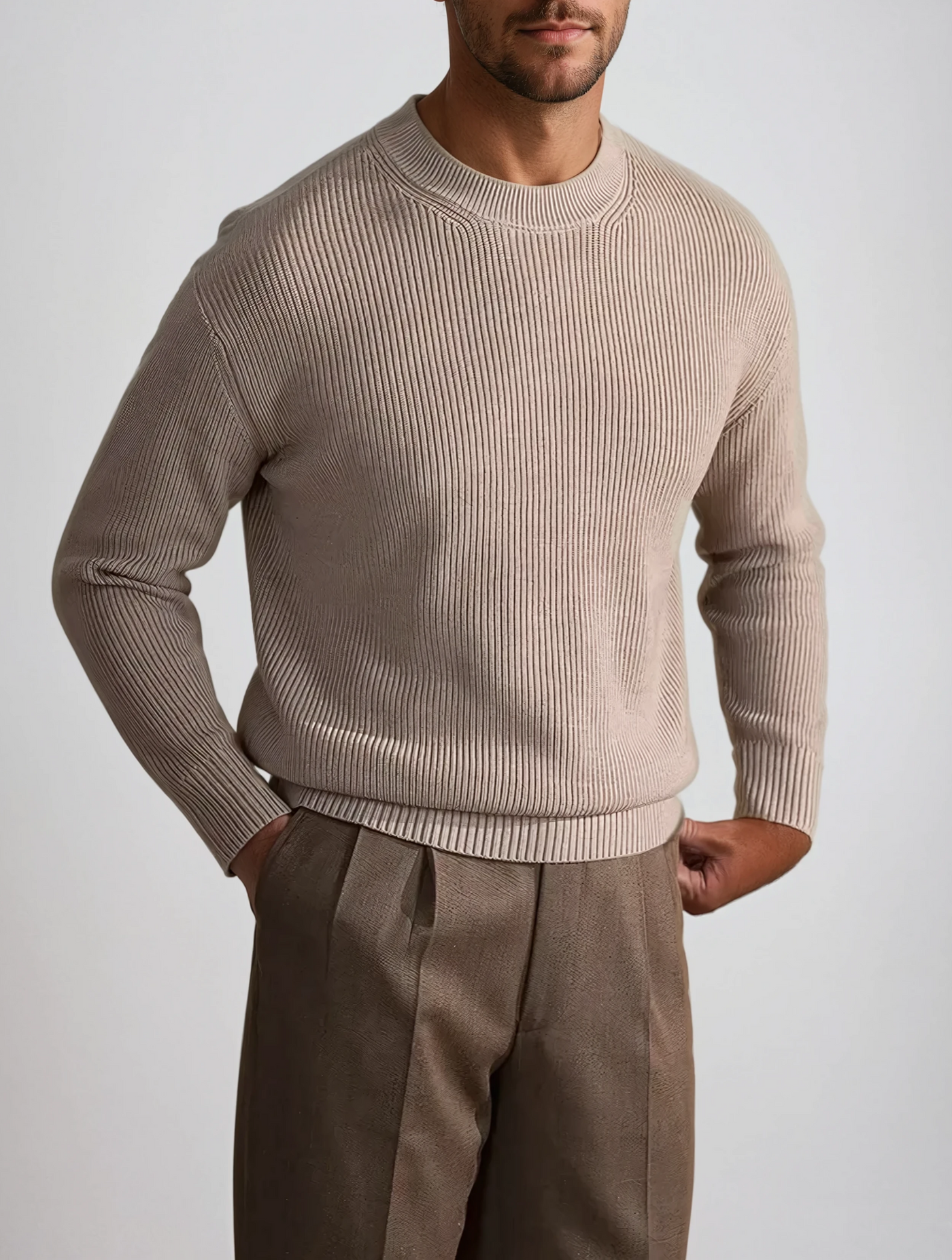 Ribbed O-Neck Sweater Beige - Sophie New York