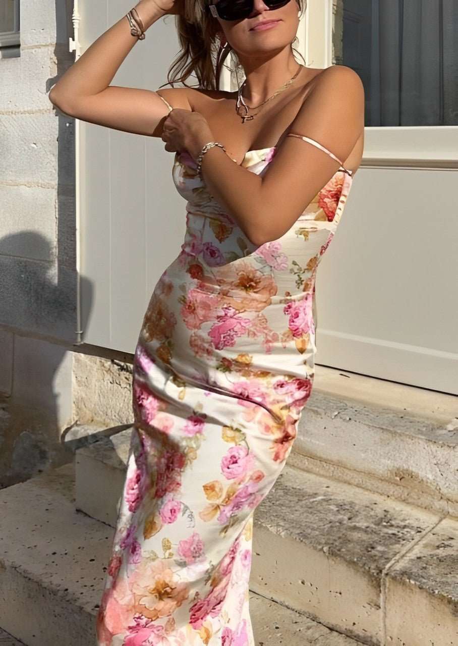 Pink Floral Satin Maxi Dress